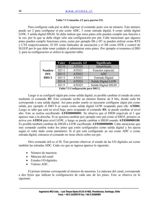 46                                        www.olimex.cl


                                 Tabla 7-1 Comandos AT para puertos I/O.

        Para configurar cada pin se debe ingresar el comando junto con un número. Este número
puede ser 2 para configurar el pin como ADC, 3 como entrada digital, 4 como salida digital
LOW, 5 salida digital HIGH. Se debe indicar que estos pines sólo pueden cumplir una función a
la vez, por lo que se debe elegir sólo una configuración por pin. Cabe mencionar que algunos
pines pueden cumplir funciones extra, como por ejemplo D6 y D7 se pueden utilizar como RTS
y CTS respectivamente. El D5 como Indicador de asociación y el D8 como DTR y control de
SLEEP por lo que debe tener cuidado al administrar estos pines. Por ejemplo si tomamos el DIO
2, para su configuración se utiliza la siguiente tabla:


                                  Valor       Comando AT                Significado
                                  D2=0          ATD20                   Inhabilitado
                   Nombre         D2=1          ATD21                Función especial.
                     PIN          D2=2          ATD22                      ADC
                    DIO 2         D2=3          ATD23                 Entrada Digital
                                  D2=4          ATD24               Salida Digital LOW
                                  D2=5          ATD25               Salida Digital HIGH
                                    Tabla 7-2 Configuración para DIO 2.

        Luego si se configuró algún pin como salida digital, es posible cambiar el estado de estos
mediante el comando IO. Este comando recibe un número binario de 8 bits, donde cada bit
corresponde a una salida digital. Así para poder usarlo es necesario configurar algún pin como
salida, por ejemplo el DIO 0 se usará como salida digital LOW ocupando para ello ATD04.
Luego se sabe que está en nivel bajo, pero ocupando el comando IO, se puede cambiar al nivel
alto. Esto se realiza escribiendo ATIO00000001. Se observa que el DIO0 esquivale al 1 que
aparece más a la derecha. Si se quisiera cambiar por ejemplo otro pin como el DIO3, primero se
activa con ATD34 para nivel LOW, y luego se puede cambiar a HIGH usando ATIO00000100.
Es posible también cambiar de HIGH a LOW escribiendo ATIO00000000. Cabe mencionar que
este comando cambia todos los pines que estén configurados como salida digital y los ajusta
según el valor dado como parámetro. Si el pin está configurado ya sea como ADC o como
entrada digital, entonces el comando no tiene efecto sobre ese pin.

       Otro comando útil es el IS. Éste permite observar el estado de las I/O digitales así como
también las entradas ADC. Cada vez que se ingresa aparece lo siguiente:

         Número de muestras
         Máscara del canal
         Estados I/O digitales.
         Valores ADC.

       El primer término corresponde al número de muestras. La máscara del canal, corresponde
a dos bytes que indican la configuración de cada uno de los pines. Esto se observa en lo
siguiente:



                Ingeniería MCI Ltda. – Luis Thayer Ojeda 0115 of 402, Providencia, Santiago, Chile
                                   Fono: + 56 2 3339579 Fax: +56 2 3350589
 