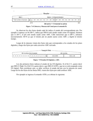 47                                        www.olimex.cl




                     Figura 7-4 Cabecera y Mascara del Canal para el comando IS.

       Se observan los dos bytes donde cada bit indica el estado del correspondiente pin. Por
ejemplo si aparece en bit D0=1, indica que DIO-0 está siendo usado como I/O digital, mientras
que si A0=1, el pin está siendo usado como ADC. Cabe mencionar que si D0=1, entonces
necesariamente A0=0 ya que el mismo pin no puede usarse como ADC y digital al mismo
tiempo.

        Luego de la máscara vienen dos bytes más que corresponden a los estados de los pines
digitales y luego dos bytes por cada conversor ADC activado.




                                  Figura 7-5 Estados I/O digitales y ADC.

       Los dos primeros bytes indican el estado de las I/O digitales. Si el bit 2=1, quiere decir
que DIO-2=High. Si el bit 8=0, quiere decir o que DIO-8=LOW o que no se está ocupando como
I/O digital. Para corroborar esto, se debe verificar el estado del pin con la máscara de canal.
Luego de los dos bytes de las líneas DIO, vienen dos bytes por cada confesor ADC.

       Por ejemplo se ingresa el comando ATIS y se obtiene lo siguiente:




                Ingeniería MCI Ltda. – Luis Thayer Ojeda 0115 of 402, Providencia, Santiago, Chile
                                   Fono: + 56 2 3339579 Fax: +56 2 3350589
 