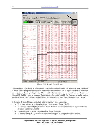 58                                       www.olimex.cl




                                   Figura 7-16 Ejemplo Cable Virtual.

Los valores en ASCII que se entregan no tienen ningún significado, por lo que se debe presionar
el botón View Hex para ver los datos en formato hexadecimal. En la figura anterior se marcaron
los bloques de datos que llegan. Se debe recordar del ejemplo, que se muestrean los datos cada
20 ms (IR=0x14) y que se guardan 5 datos antes de enviarlos (IT=5). Además se debe indicar
que éstos llegan cada 100 ms, es decir, cada bloque marcado en la figura aparece cada 100 ms.

El formato de estos bloques se indicó anteriormente, y es el siguiente:
       El primer byte es de referencia para el comienzo del frame (0x7E)
       El segundo y tercer byte (0x0026 = 38 en decimal) indican el número de bytes del frame
       de datos (cabecera Length).
       Los siguientes 38 bytes, corresponde al frame de datos.
       El último byte (0xD7) es el valor de Checksum para la comprobación de errores.


               Ingeniería MCI Ltda. – Luis Thayer Ojeda 0115 of 402, Providencia, Santiago, Chile
                                  Fono: + 56 2 3339579 Fax: +56 2 3350589
 