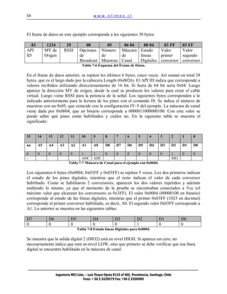 59                                           www.olimex.cl



El frame de datos en este ejemplo corresponde a los siguientes 38 bytes:

  83         1234          29         00        05     06 04   00 04     03 FF                            03 FF
API         MY de         RSSI     Opciones Número Máscara Estado      Valor                              Valor
ID          Origen                 de        de       de     líneas    primer                             segundo
                                   Broadcast Muestras Canal  Digitales conversor                          conversor
                                     Tabla 7-6 Esquema del Frame de Datos.

En el frame de datos anterior, se repiten los últimos 6 bytes, cinco veces. Así suman en total 38
bytes, que es el largo dado por la cabecera Length (0x0026). El API ID indica que corresponde a
valores recibidos utilizando direccionamiento de 16 bit. Si fuera de 64 bit sería 0x84. Luego
aparece la dirección MY de origen, desde la cual se producen los valores para crear el cable
virtual. Luego viene RSSI para la potencia de la señal. Los siguientes bytes corresponden a lo
indicado anteriormente para la lectura de los pines con el comando IS. Se indica el número de
muestras con un 0x05, que coincide con la configuración IT=5 del ejemplo. La máscara de canal
viene dada por 0x0604, que en binario corresponde a 0000011000000100. Con este valor se
puede saber qué pines están habilitados y cuáles no. En la siguiente tabla se muestra el
significado:


15     14     13     12      11      10      9        8      7       6       5       4       3      2     1    0

na     A5     A4     A3      A2      A1      A0       D8     D7      D6      D5      D4      D3     D2    D1   D0

0      0      0      0       0      1     1      0      0       0     0      0     0                1     0    0
-                                   ADC ADC                                                         DIO
                            Tabla 7-7 Máscara de Canal para el ejemplo con 0x0604.

Los siguientes 6 bytes (0x0004, 0x03FF y 0x03FF) se repiten 5 veces. Los dos primeros indican
el estado de los pines digitales, mientras que el resto indican el valor de cada conversor
habilitado. Como se habilitaron 2 conversores, aparecen los dos valores repetidos y además
midiendo lo mismo, ya que al momento de la prueba se encontraban conectados a Vcc (el
máximo valor que alcanzan los conversores es 0x3FF). El valor 0x0004 (00000100 en binario)
corresponde al estado de las líneas digitales, mientras que el primer 0x03FF (1023 en decimal)
corresponde al primer conversor habilitado, es decir, A0. El segundo valor 0x03FF corresponde a
A1. Lo anterior se muestra en las siguientes tablas:

D7            D6             D5              D4             D3              D2              D1            D0
0             0              0               0              0               1               0             0
                                  Tabla 7-8 Estado líneas Digitales para 0x0004.

Se muestra que la salida digital 2 (DIO2) está en nivel HIGH. Si aparece un cero, no
necesariamente indica que está en nivel LOW, sino que primero se debe verificar que esa línea
digital se encuentre habilitada en la máscara de canal.




                   Ingeniería MCI Ltda. – Luis Thayer Ojeda 0115 of 402, Providencia, Santiago, Chile
                                      Fono: + 56 2 3339579 Fax: +56 2 3350589
 