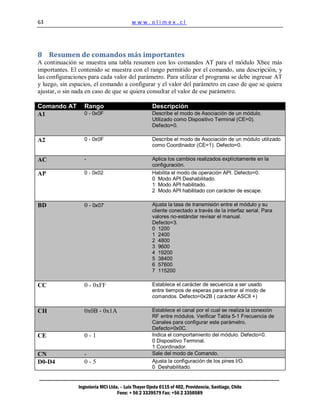 63                                        www.olimex.cl




8 Resumen de comandos más importantes
A continuación se muestra una tabla resumen con los comandos AT para el módulo Xbee más
importantes. El contenido se muestra con el rango permitido por el comando, una descripción, y
las configuraciones para cada valor del parámetro. Para utilizar el programa se debe ingresar AT
y luego, sin espacios, el comando a configurar y el valor del parámetro en caso de que se quiera
ajustar, o sin nada en caso de que se quiera consultar el valor de ese parámetro.

Comando AT        Rango                              Descripción
A1                0 - 0x0F                           Describe el modo de Asociación de un módulo.
                                                     Utilizado como Dispositivo Terminal (CE=0).
                                                     Defecto=0.

A2                0 - 0x0F                           Describe el modo de Asociación de un módulo utilizado
                                                     como Coordinador (CE=1). Defecto=0.

AC                -                                  Aplica los cambios realizados explícitamente en la
                                                     configuración.
AP                0 - 0x02                           Habilita el modo de operación API. Defecto=0.
                                                     0 Modo API Deshabilitado.
                                                     1 Modo API habilitado.
                                                     2 Modo API habilitado con carácter de escape.

BD                0 - 0x07                           Ajusta la tasa de transmisión entre el módulo y su
                                                     cliente conectado a través de la interfaz serial. Para
                                                     valores no-estándar revisar el manual.
                                                     Defecto=3.
                                                     0 1200
                                                     1 2400
                                                     2 4800
                                                     3 9600
                                                     4 19200
                                                     5 38400
                                                     6 57600
                                                     7 115200

CC                0 - 0xFF                           Establece el carácter de secuencia a ser usado
                                                     entre tiempos de esperas para entrar al modo de
                                                     comandos. Defecto=0x2B ( carácter ASCII +)

CH                0x0B - 0x1A                        Establece el canal por el cual se realiza la conexión
                                                     RF entre módulos. Verificar Tabla 5-1 Frecuencia de
                                                     Canales para configurar este parámetro.
                                                     Defecto=0x0C.
CE                0-1                                Indica el comportamiento del módulo. Defecto=0.
                                                     0 Dispositivo Terminal.
                                                     1 Coordinador.
CN                -                                  Sale del modo de Comando.
D0-D4             0-5                                Ajusta la configuración de los pines I/O.
                                                     0 Deshabilitado.


                Ingeniería MCI Ltda. – Luis Thayer Ojeda 0115 of 402, Providencia, Santiago, Chile
                                   Fono: + 56 2 3339579 Fax: +56 2 3350589
 