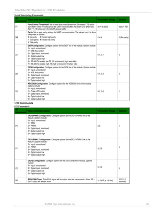 XBee/XBee‐PRO DigiMesh 2.4 OEM RF Modules 
© 2008 Digi International, Inc. 20 
I/O Commands 
FT 
Flow Control Threshhold. Set or read flow control threshhold. De-assert CTS and/or 
send XOFF when FT bytes are in the UART receive buffer. Re-assert CTS when less 
than FT - 16 bytes are in the UART receive buffer. 
0x11 to 0xEE 0xbe = 190 
NB 
Parity. Set or read parity settings for UART communications. The values from 0 to 4 are 
interpreted as follows: 
0 No parity 3 Forced high parity 
1 Even parity 4 Forced low parity 
2 Odd parity 
0 to 4 0 (No parity) 
D7 
DIO7 Configuration. Configure options for the DIO7 line of the module. Options include: 
0 = Input, unmonitored 
1 = CTS flow control 
3 = Digital input, monitored 
4 = Digital output low 
5 = Digital output high 
6 = RS-485 Tx enable, low TX (0V on transmit, high when idle) 
7 = RS-485 Tx enable, high TX (high on transmit, 0V when idle) 
0-1, 3-7 0 
D6 
DIO6 Configuration. Configure options for the DIO6 line of the module. Options include: 
0 = Input, unmonitored 
1 = RTS flow control 
3 = Digital input, monitored 
4 = Digital output low 
5 = Digital output high 
0-1, 3-5 0 
D5 
AD5/DIO5 Configuration. Configure options for the AD5/DIO5 line of the module. 
Options include: 
0 = Input, unmonitored 
1 = Power LED output 
3 = Digital input, monitored 
4 = Digital output low 
5 = Digital output high 
0-1, 3-5 1 
I/O Commands 
AT 
Command Name and Description Parameter Range Default 
P0 
DIO10/PWM0 Configuration. Configure options for the DIO10/PWM0 line of the 
module. Options include: 
0 = Input, unmonitored 
1 = RSSI 
2 = PWM0 
3 = Digital input, monitored 
4 = Digital output low 
5 = Digital output high 
0-5 1 
P1 
DIO11/PWM1 Configuration. Configure options for the DIO11/PWM1 line of the 
module. Options include: 
0 = Input, unmonitored 
2 = PWM1 
3 = Digital input, monitored 
4 = Digital output low 
5 = Digital output high 
0, 2-5 0 
P2 
DIO12 Configuration. Configure options for the DIO12 line of the module. Options 
include: 
0 = Input, unmonitored 
3 = Digital input, monitored 
4 = Digital output low 
5 = Digital output high 
0, 3-5 0 
RP RSSI PWM Timer. Time RSSI signal will be output after last transmission. When RP = 
0xFF, output will always be on. 0 - 0xFF [x 100 ms] 2032 3.2 
seconds) 
Serial Interfacing Commands 
AT 
Command Name and Description Parameter Range Default 
 