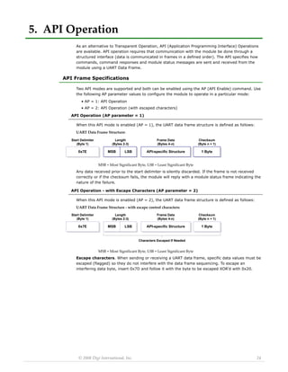© 2008 Digi International, Inc. 24 
5. API Operation 
As an alternative to Transparent Operation, API (Application Programming Interface) Operations 
are available. API operation requires that communication with the module be done through a 
structured interface (data is communicated in frames in a defined order). The API specifies how 
commands, command responses and module status messages are sent and received from the 
module using a UART Data Frame. 
API Frame Specifications 
Two API modes are supported and both can be enabled using the AP (API Enable) command. Use 
the following AP parameter values to configure the module to operate in a particular mode: 
• AP = 1: API Operation 
• AP = 2: API Operation (with escaped characters) 
API Operation (AP parameter = 1) 
When this API mode is enabled (AP = 1), the UART data frame structure is defined as follows: 
UART Data Frame Structure: 
MSB = Most Significant Byte, LSB = Least Significant Byte 
Any data received prior to the start delimiter is silently discarded. If the frame is not received 
correctly or if the checksum fails, the module will reply with a module status frame indicating the 
nature of the failure. 
API Operation - with Escape Characters (AP parameter = 2) 
When this API mode is enabled (AP = 2), the UART data frame structure is defined as follows: 
UART Data Frame Structure ‐ with escape control characters: 
MSB = Most Significant Byte, LSB = Least Significant Byte 
Escape characters. When sending or receiving a UART data frame, specific data values must be 
escaped (flagged) so they do not interfere with the data frame sequencing. To escape an 
interfering data byte, insert 0x7D and follow it with the byte to be escaped XOR’d with 0x20. 
Length 
(Bytes 2-3) 
Checksum 
(Byte n + 1) 
MSB LSB 1 Byte 
Start Delimiter 
(Byte 1) 
0x7E 
Frame Data 
(Bytes 4-n) 
API-specific Structure 
Start Delimiter 
(Byte 1) 
Length 
(Bytes 2-3) 
Frame Data 
(Bytes 4-n) 
Checksum 
(Byte n + 1) 
0x7E MSB LSB API-specific Structure 1 Byte 
Characters Escaped If Needed 
 