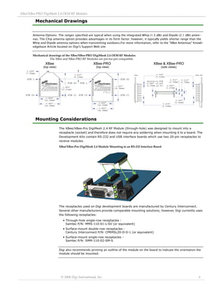 XBee/XBee‐PRO DigiMesh 2.4 OEM RF Modules 
© 2008 Digi International, Inc. 6 
Mechanical Drawings 
Antenna Options: The ranges specified are typical when using the integrated Whip (1.5 dBi) and Dipole (2.1 dBi) anten-nas. 
The Chip antenna option provides advantages in its form factor; however, it typically yields shorter range than the 
Whip and Dipole antenna options when transmitting outdoors.For more information, refer to the "XBee Antennas" Knowl-edgebase 
Article located on Digi's Support Web site 
Mechanical drawings of the XBee/XBee‐PRO DigiMesh 2.4 OEM RF Modules 
The XBee and XBee‐PRO RF Modules are pin‐for‐pin compatible. 
Mounting Considerations 
The XBee/XBee-Pro DigiMesh 2.4 RF Module (through-hole) was designed to mount into a 
receptacle (socket) and therefore does not require any soldering when mounting it to a board. The 
Development Kits contain RS-232 and USB interface boards which use two 20-pin receptacles to 
receive modules. 
XBee/XBee‐Pro DigiMesh 2.4 Module Mounting to an RS‐232 Interface Board. 
The receptacles used on Digi development boards are manufactured by Century Interconnect. 
Several other manufacturers provide comparable mounting solutions; however, Digi currently uses 
the following receptacles: 
• Through-hole single-row receptacles - 
Samtec P/N: MMS-110-01-L-SV (or equivalent) 
• Surface-mount double-row receptacles - 
Century Interconnect P/N: CPRMSL20-D-0-1 (or equivalent) 
• Surface-mount single-row receptacles - 
Samtec P/N: SMM-110-02-SM-S 
Digi also recommends printing an outline of the module on the board to indicate the orientation the 
module should be mounted. 
 