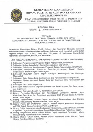 Pengumuman Seleksi CPNS Kementerian Koordinator Bidang Politik, Hukum, dan Keamanan (Kemenko Polhukam  TA. 2017