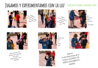 Jugamos y experimentamos con la luz Proceso de Esteban, Fernando y Javi
Hipótesis:
¿Por qué se refleja
el color sobre el
suelo?
Estebanse une al proceso,probandouna lámina sobreotra
Javi
se une al
juego
con la luz
y
los colores
Siguen juntando más
láminas para comprobar
qué sucede.
(Experimentan con la
opacidad)
"Si
descubrimos
juntos
es
mucho
mejor"
Jugar es
la actividad propia de la
infancia, JUGANDO LOS
NIÑOS DESCUBREN EL
MUNDO
 