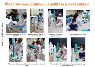 Descubrimos jugando : equilibrio y estabilidad
Observa si lo que ha
puesto se cae.
Alba empieza a construir su
mini - mundo.
Comienza la exploración de los
materiales.
Alba observa el tubo y lo saca. Posteriormente decide meterlos de
nuevo.
Silvia se incorpora al juego.
Alba y Silvia han observado que no se han caído los cilindros y
Silvia pone el último.
MaríadelMarHidalgoMolina
 