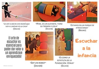 "Soyunrobot"
(Javier)
"Estamosenunparquede
atracciones"
(Bruno)
"Mira,esunelefante,tiene
sutrompaycola"
(Silvia)
"Escomola
estatutadela
Fundación,Venus"
(Silvia)
Escuchar
a la
infancia
"Levoyadeciramimamáque
voyalimpiaryolacasa"
(David)
Melodi Giménez
El arte de
escuchar es
esencial para
poder dar valor a
un aprendizaje
enriquecedor
 