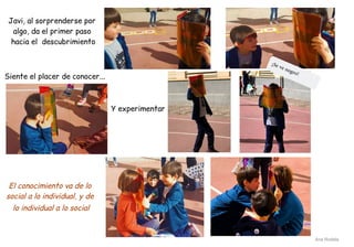 Javi, al sorprenderse por
algo, da el primer paso
hacia el descubrimiento
Siente el placer de conocer...
Y experimentar
El conocimiento va de lo
social a lo individual, y de
lo individual a lo social
¡Se ve negro!
Ana Rodela
 