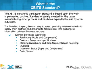 What is the
XBITS Standard?
The XBITS electronic transaction standard is based upon the well-
implemented papiNet Standard originally created for the paper
manufacturing order process and has been expanded for use by other
industries.
The Standard is open, free and easy to adopt, providing common benefits to
supply chain partners and designed to facilitate real time exchange of
information between business partners.
 Business processes supported:
 Purchasing (Books and Components)
 Book and Component specifications
 Shipping (Warehouse and Drop Shipments) and Receiving
 Invoicing
 Inventory Status (Paper and Components)
 Order Status
4
 