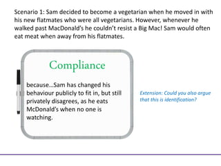 Compliance
because…Sam has changed his
behaviour publicly to fit in, but still
privately disagrees, as he eats
McDonald’s when no one is
watching.
Scenario 1: Sam decided to become a vegetarian when he moved in with
his new flatmates who were all vegetarians. However, whenever he
walked past MacDonald’s he couldn’t resist a Big Mac! Sam would often
eat meat when away from his flatmates.
Extension: Could you also argue
that this is identification?
 