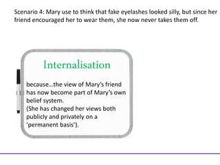 Internalisation
because…the view of Mary’s friend
has now become part of Mary’s own
belief system.
(She has changed her views both
publicly and privately on a
‘permanent basis’).
Scenario 4: Mary use to think that fake eyelashes looked silly, but since her
friend encouraged her to wear them, she now never takes them off.
 