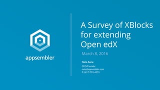 A Survey of XBlocks
for extending
Open edX
March 8, 2016
Nate Aune
CEO/Founder
nate@appsembler.com
P: (617) 701-4331
 