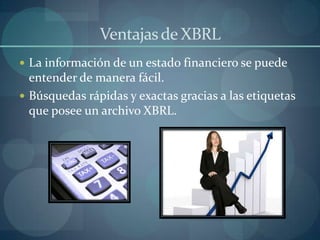 Ventajas de XBRLLa información de un estado financiero se puede entender de manera fácil.Búsquedas rápidas y exactas gracias a las etiquetas que posee un archivo XBRL.