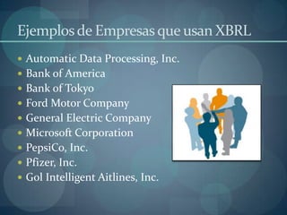 Ejemplos de Empresas que usan XBRLAutomatic Data Processing, Inc.Bank of AmericaBank of TokyoFord Motor CompanyGeneral Electric CompanyMicrosoft CorporationPepsiCo, Inc.Pfizer, Inc.Gol IntelligentAitlines, Inc.