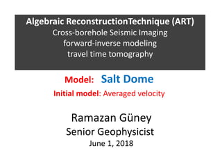 Algebraic ReconstructionTechnique (ART)
Cross-borehole Seismic Imaging
forward-inverse modeling
travel time tomography
Model: Salt Dome
Initial model: Averaged velocity
Ramazan Güney
Senior Geophysicist
June 1, 2018
 