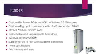 INSIDER
 Custom IBM Power PC-based CPU with three 3.2 GHz cores
 Custom ATI graphics processor with 10 MB embedded DRAM
 512 MB 700 MHz GDDR3 RAM
 Detachable and upgradeable hard drive
 12x dual-layer DVD-ROM
 Support for up to four wireless game controllers
 Three USB 2.0 ports
 Two memory unit slots
 