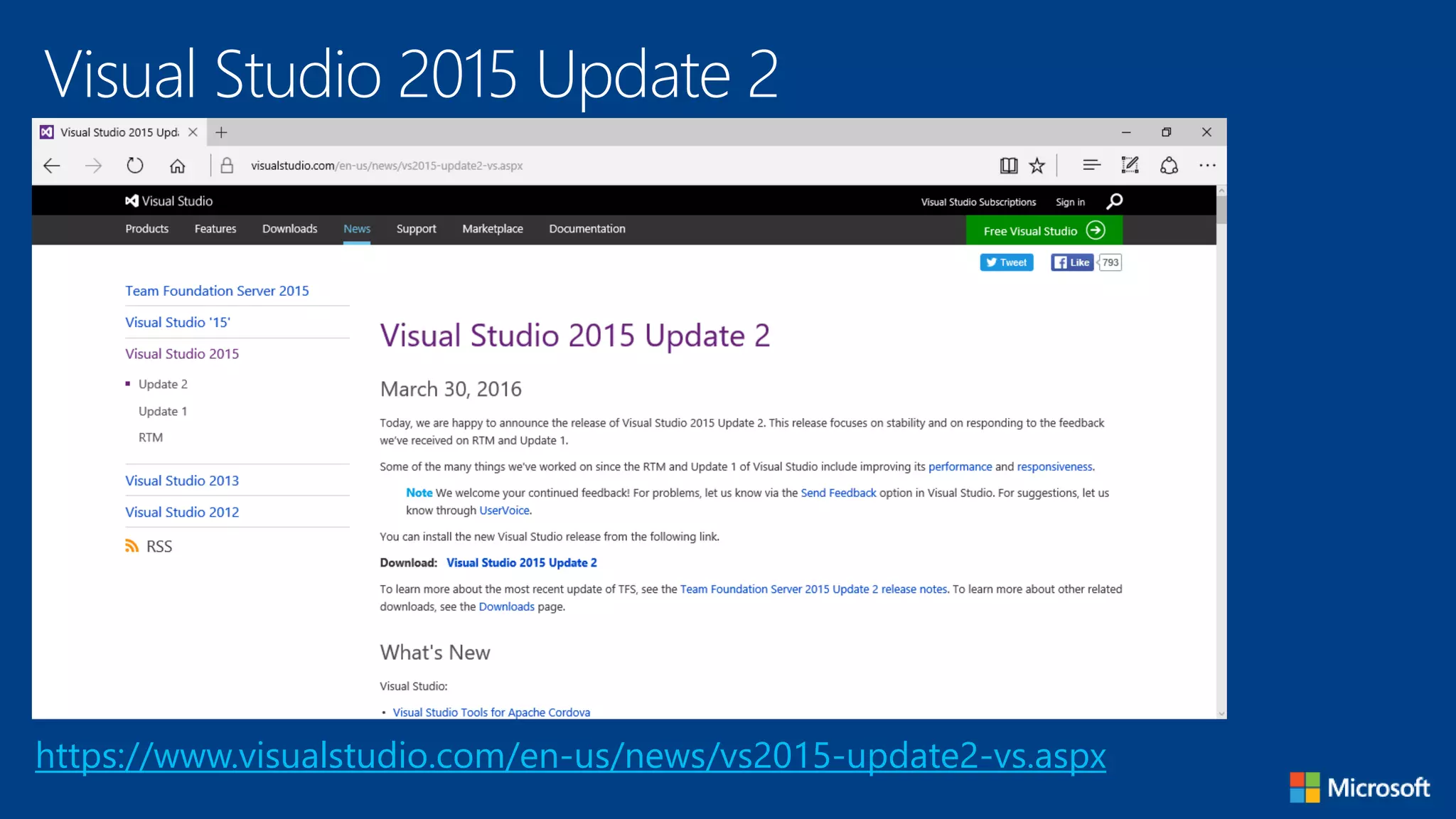 Visual Studio 2015 Update 2
https://www.visualstudio.com/en-us/news/vs2015-update2-vs.aspx
 