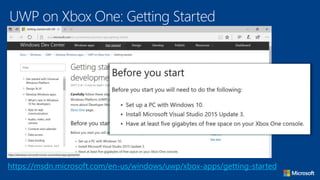 UWP on Xbox One: Getting Started
https://msdn.microsoft.com/en-us/windows/uwp/xbox-apps/getting-started
 