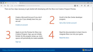 https://developer.microsoft.com/en-us/games/xbox/xboxlive/creator
 