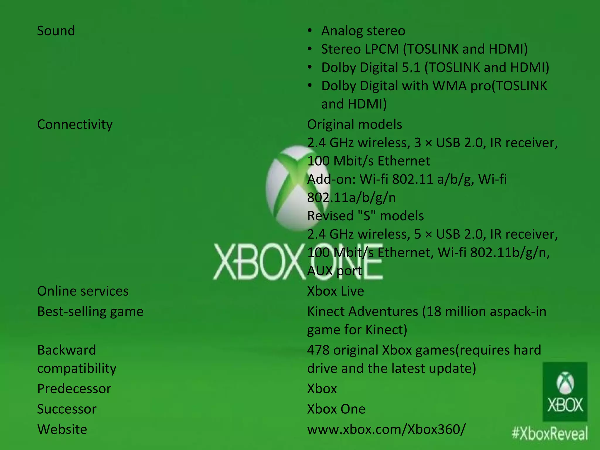 Sound • Analog stereo
• Stereo LPCM (TOSLINK and HDMI)
• Dolby Digital 5.1 (TOSLINK and HDMI)
• Dolby Digital with WMA pro(TOSLINK
and HDMI)
Connectivity Original models
2.4 GHz wireless, 3 × USB 2.0, IR receiver,
100 Mbit/s Ethernet
Add-on: Wi-fi 802.11 a/b/g, Wi-fi
802.11a/b/g/n
Revised "S" models
2.4 GHz wireless, 5 × USB 2.0, IR receiver,
100 Mbit/s Ethernet, Wi-fi 802.11b/g/n,
AUX port
Online services Xbox Live
Best-selling game Kinect Adventures (18 million aspack-in
game for Kinect)
Backward
compatibility
478 original Xbox games(requires hard
drive and the latest update)
Predecessor Xbox
Successor Xbox One
Website www.xbox.com/Xbox360/
 