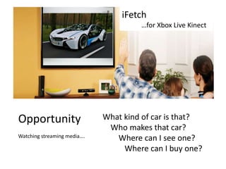 iFetch
                                      …for Xbox Live Kinect




Opportunity                  What kind of car is that?
                              Who makes that car?
Watching streaming media….      Where can I see one?
                                  Where can I buy one?
 