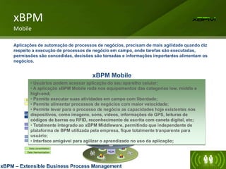 xBPM
Mobile
Aplicações de automação de processos de negócios, precisam de mais agilidade quando diz
respeito a execução de processos de negócio em campo, onde tarefas são executadas,
permissões são concedidas, decisões são tomadas e informações importantes alimentam os
negócios.
xBPM Mobile
MDM
Data consolidation
Data Harmonization
SOA
BPMS1
Legacy Adapting
Legacy Abstraction
Group BPM Systens
Enterprise Services
Customer & Partners
Composite Apps
BPMS2
xBPM
Group BPM Systens
Standard Presentation
xBPM Workspace
xBPM Live Action
xBPM Widget
xBPM Portals
xBPM – Extensible Business Process Management
• Usuários podem acessar aplicação do seu aparelho celular;
• A aplicação xBPM Mobile roda nos equipamentos das categorias low, middle e
high-end;
• Permite executar suas atividades em campo com liberdade;
• Permite alimentar processos de negócios com maior velocidade;
• Permite levar para o processo de negócio as capacidades hoje existentes nos
dispositivos, como imagens, sons, vídeos, informações de GPS, leituras de
códigos de barras ou RFID, reconhecimento de escrita com caneta digital, etc;
• Totalmente integrado ao xBPM Middleware, permitindo que independente de
plataforma de BPM utilizada pela empresa, fique totalmente tranparente para
usuário;
• Interface amigável para agilizar o aprendizado no uso da aplicação;
 