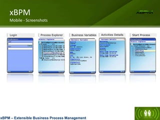 xBPM – Extensible Business Process Management
Login Process Explorer Business Variables Activities Details Start Process
xBPM
Mobile - Screenshots
 