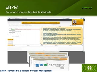 - Navegue nas informações de uma atividade;
- Visualize os dados do negócio, que são as informações que interessam
ao usuário no momento da execução de uma atividade;
- Visualize as atividades que estão para serem executadas naquele
momento, na aba Processo;
- Faça uma análise da atividade, em relação às demais atividades daquele
processo, na aba Análise;
- Acompanhe a trilha de auditoria da execução das atividades, permitindo
que você exporte para Excel, ou envie essas informações por e-mail;
- Visualize onde a atividade atual se encontra no seu modelo do processo,
na aba Mapa do Processo e clicando nas atividades azuis é possível
visualizar quando esta foi executada e por quem. A bandeira sinaliza
onde a atividade que deve ser executada se encontra no processo;
xBPM
Social Workspace – Detalhes da Atividade
xBPM – Extensible Business Process Management
 