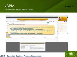 - O Painel social é a porta de entrada dos nossos processos nos Conceitos do Social
BPM (Trabalho, Comunicação e Colaboração);
- Ele possui informações sobre as colaborações e as notificações;
- As informações podem ser visualizadas e navegadas com a ajuda da paginação na
parte inferior;
- Possui ícones de acesso às telas de colaboração e Notificação;
xBPM
Social Workspace – Painel Social
xBPM – Extensible Business Process Management
 
