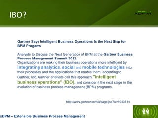 IBO?
xBPM – Extensible Business Process Management
Gartner Says Intelligent Business Operations Is the Next Step for
BPM Progams
Analysts to Discuss the Next Generation of BPM at the Gartner Business
Process Management Summit 2012.
Organizations are making their business operations more intelligent by
integrating analytics, social and mobile technologies into
their processes and the applications that enable them, according to
Gartner, Inc. Gartner analysts call this approach "intelligent
business operations" (IBO), and consider it the next stage in the
evolution of business process management (BPM) programs.
http://www.gartner.com/it/page.jsp?id=1943514
 