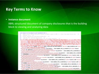 Key Terms to Know Instance document XBRL structured document of company disclosures that is the building block to viewing and analyzing data 