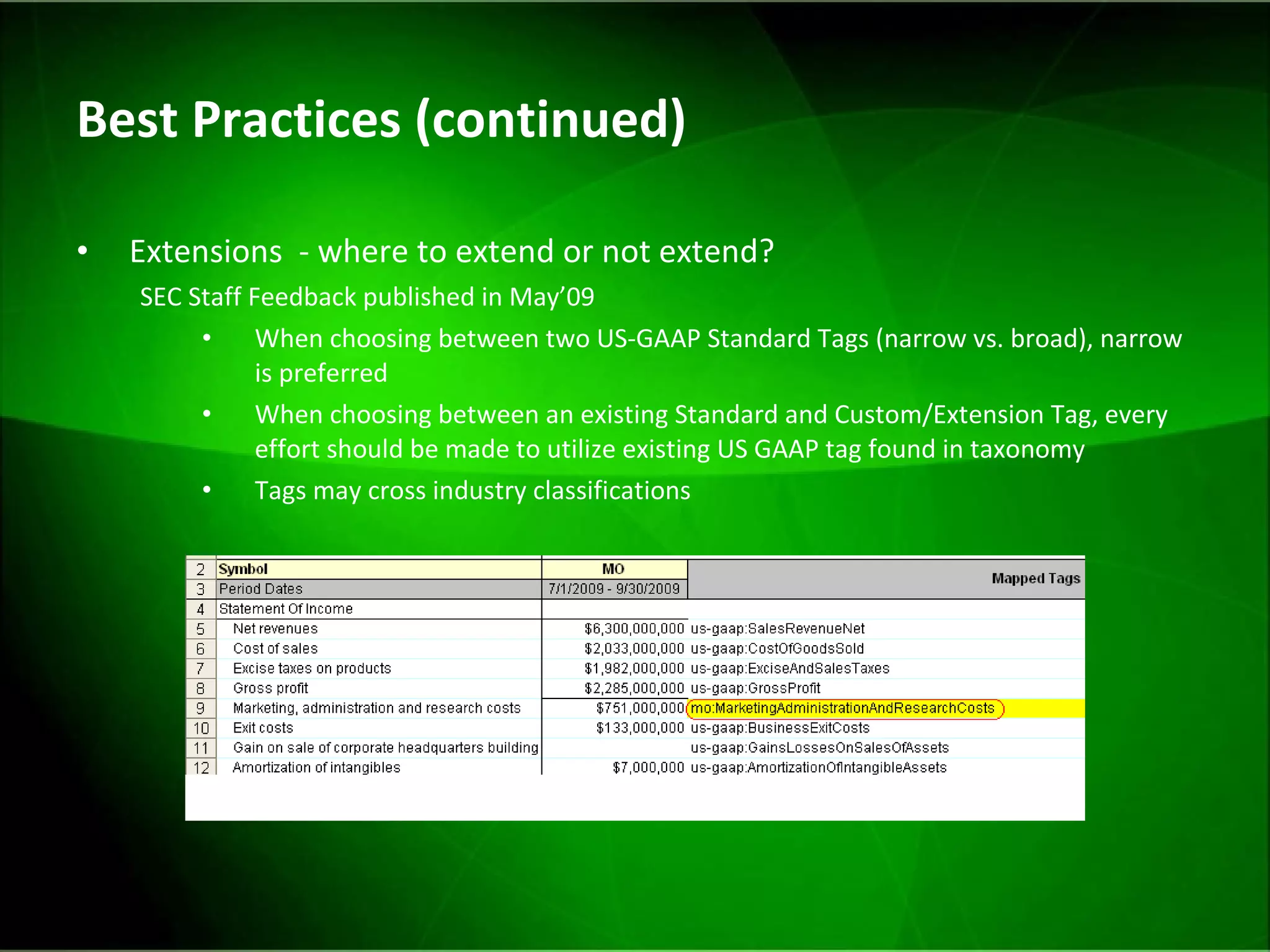Best Practices (continued) Extensions  - where to extend or not extend? SEC Staff Feedback published in May’09 When choosing between two US-GAAP Standard Tags (narrow vs. broad), narrow is preferred When choosing between an existing Standard and Custom/Extension Tag, every effort should be made to utilize existing US GAAP tag found in taxonomy  Tags may cross industry classifications 