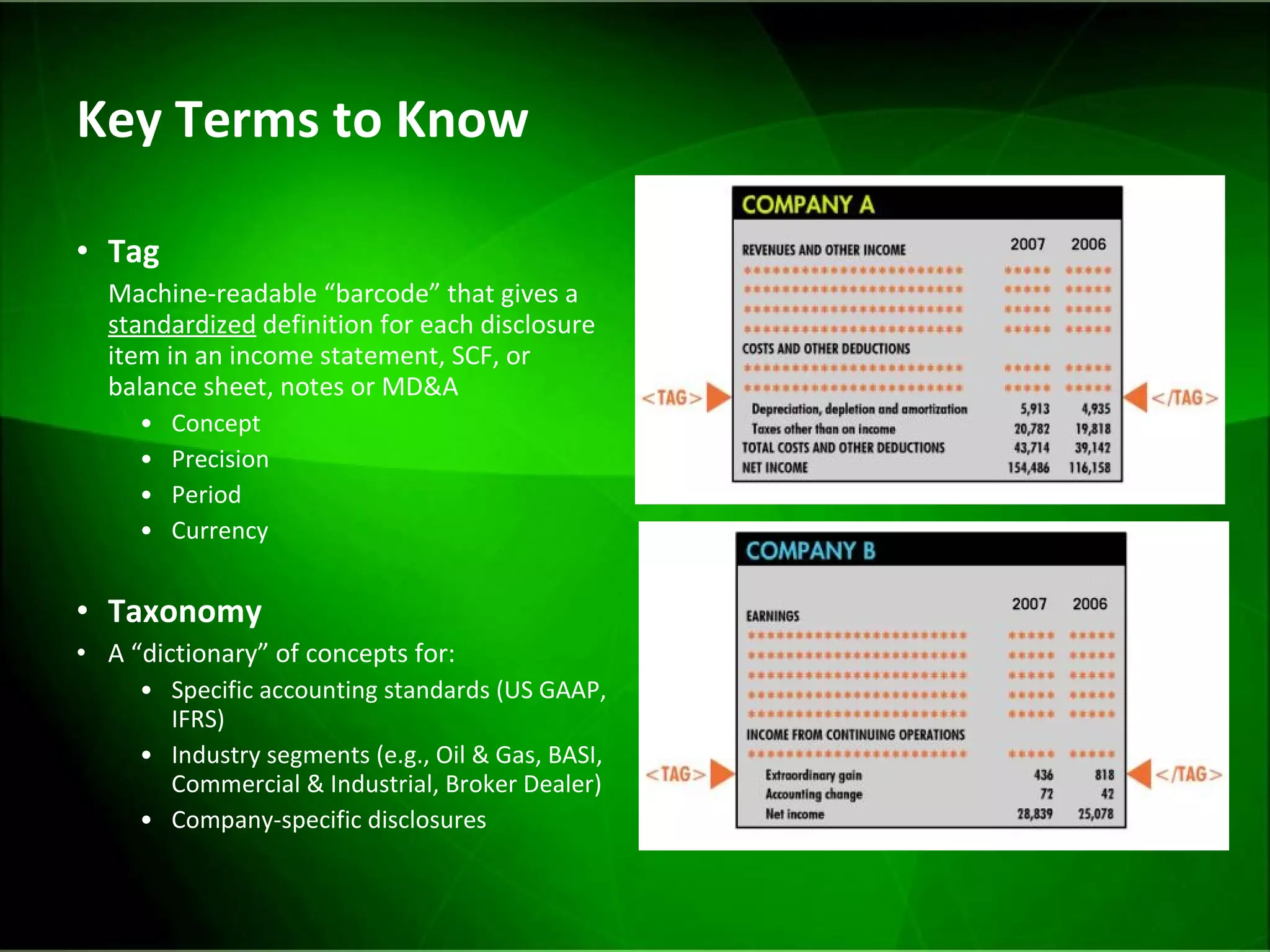 Key Terms to Know Tag Machine-readable “barcode” that gives a  standardized  definition for each disclosure item in an income statement, SCF, or balance sheet, notes or MD&A Concept Precision Period Currency Taxonomy A “dictionary” of concepts for: Specific accounting standards (US GAAP, IFRS) Industry segments (e.g., Oil & Gas, BASI, Commercial & Industrial, Broker Dealer) Company-specific disclosures 