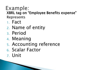 XBRL tag on “Employee Benefits expense”
Represents
1.   Fact
2.   Name of entity
3.   Period
4.   Meaning
5.   Accounting reference
6.   Scalar Factor
7.   Unit
 