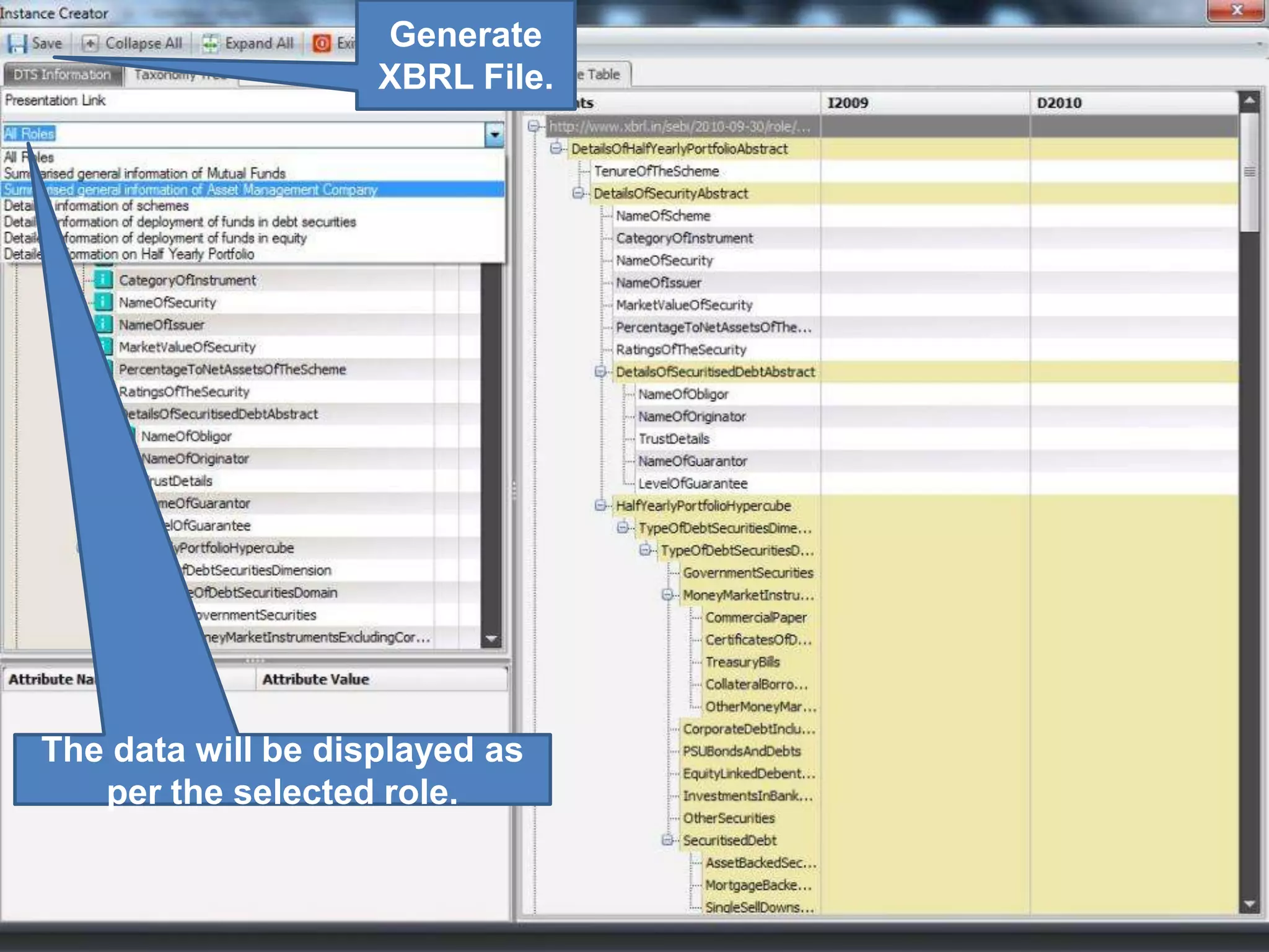 Generate XBRL File.The data will be displayed as per the selected role.