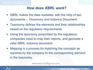 How does XBRL work?XBRL makes the data readable, with the help of two documents – Taxonomy and Instance Document.Taxonomy defines the elements and their relationships based on the regulatory requirements. Using the taxonomy prescribed by the regulators, companies need to map their reports, and generate a valid XBRL instance document. Mapping is a process for matching the concepts as reported by the company to the corresponding element in the taxonomy. 