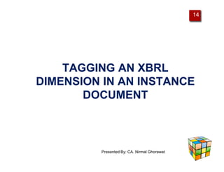 14




    TAGGING AN XBRL
DIMENSION IN AN INSTANCE
       DOCUMENT



         Presented By: CA. Nirmal Ghorawat
 