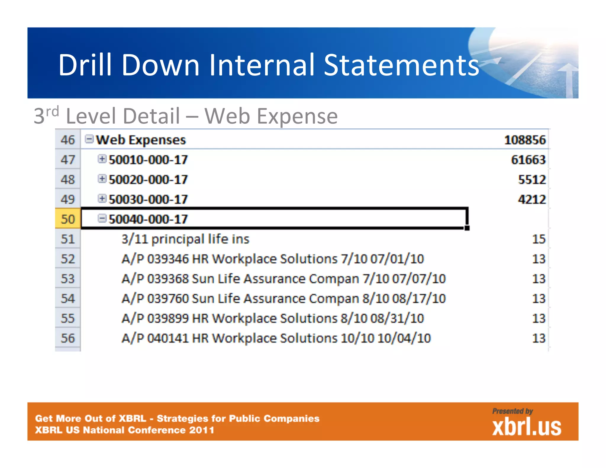 Drill	
  Down	
  Internal	
  Statements
                                         	
  
3rd	
  Level	
  Detail	
  –	
  Web	
  Expense	
  
	
  	
  
 