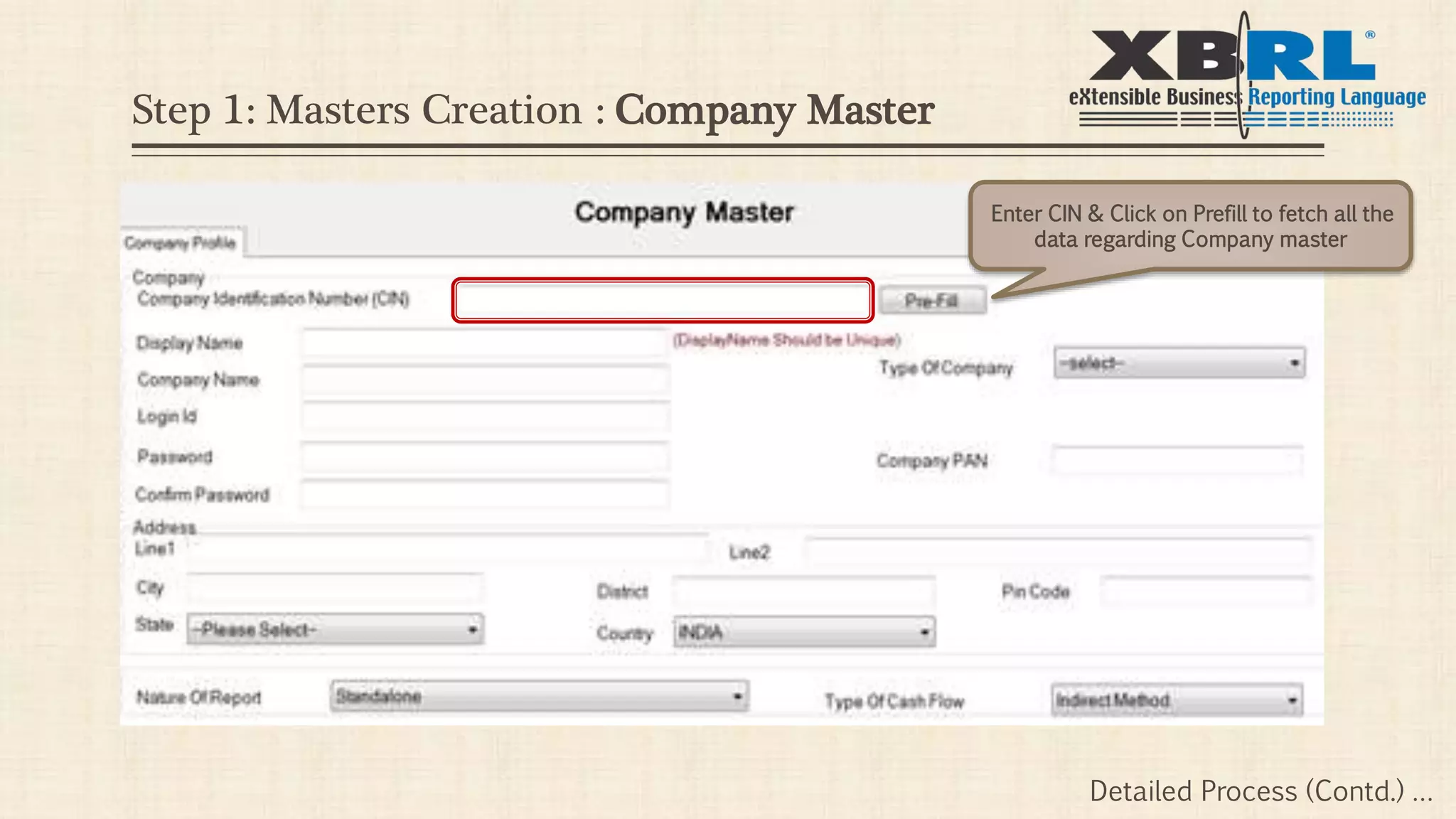 Enter CIN & Click on Prefill to fetch all the
data regarding Company master
Detailed Process (Contd.) …
Step 1: Masters Creation : Company Master
 
