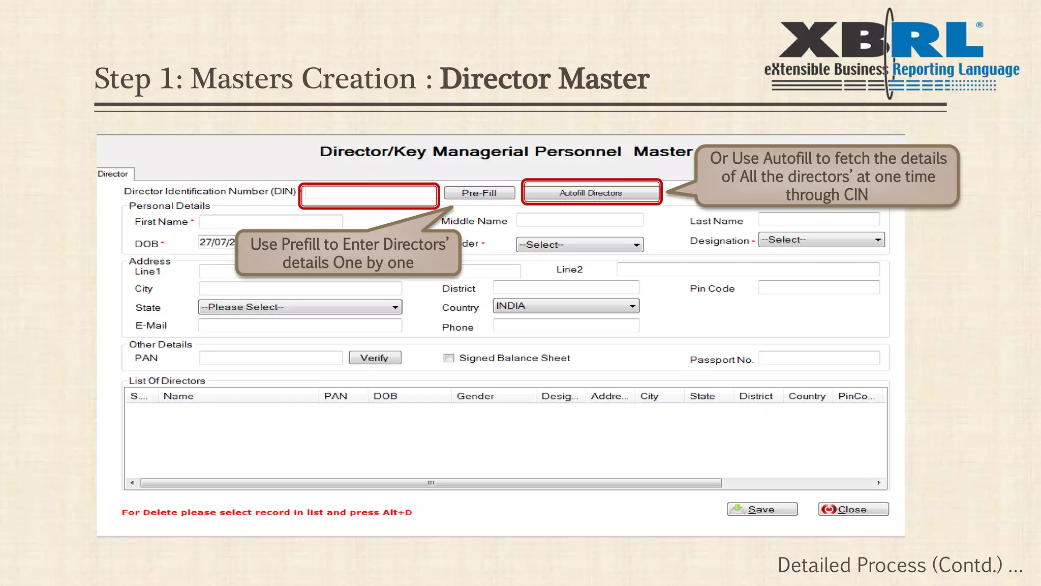Step 1: Masters Creation : Director Master
Use Prefill to Enter Directors’
details One by one
Or Use Autofill to fetch the details
of All the directors’ at one time
through CIN
Detailed Process (Contd.) …
 