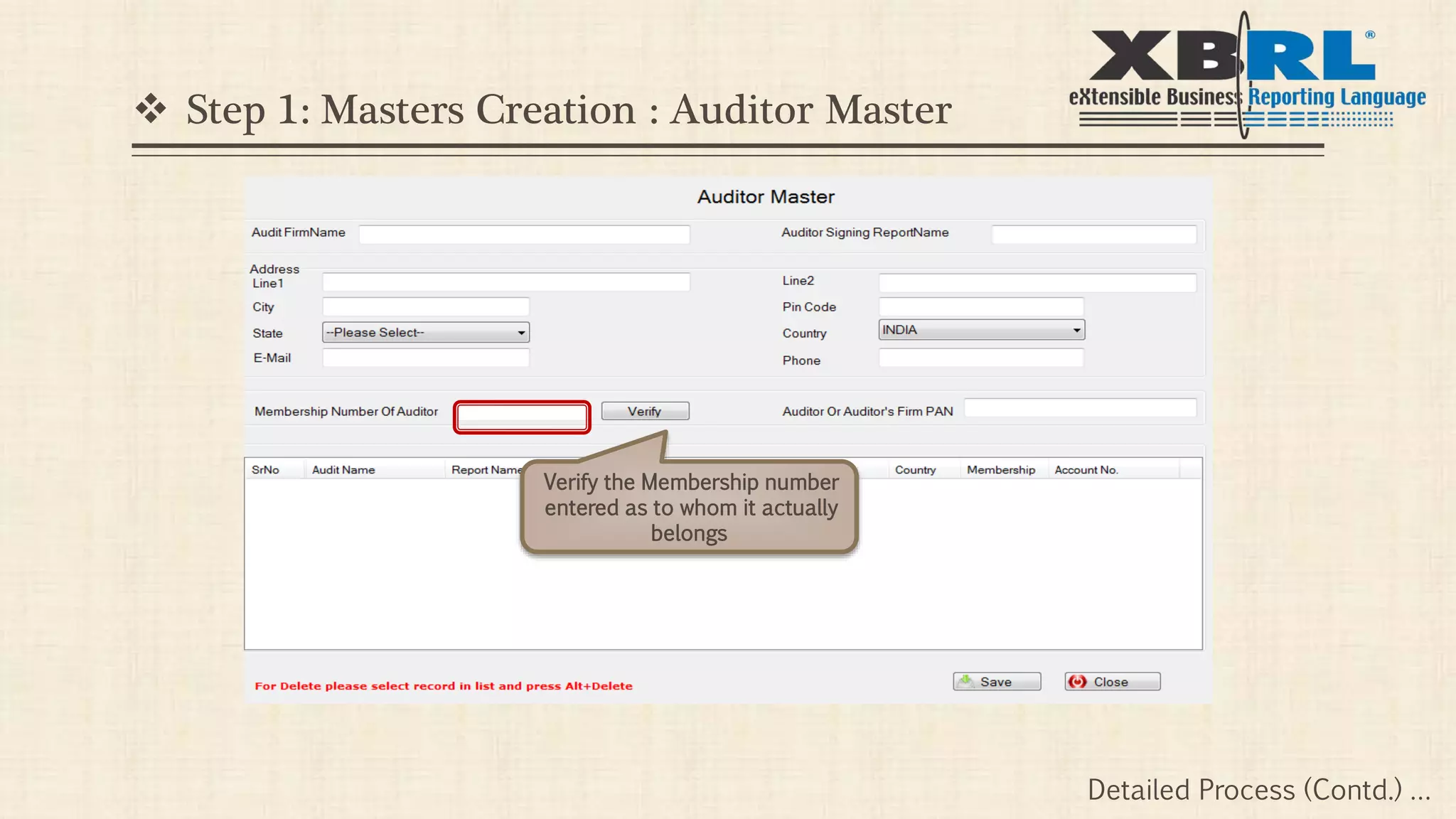  Step 1: Masters Creation : Auditor Master
Verify the Membership number
entered as to whom it actually
belongs
Detailed Process (Contd.) …
 