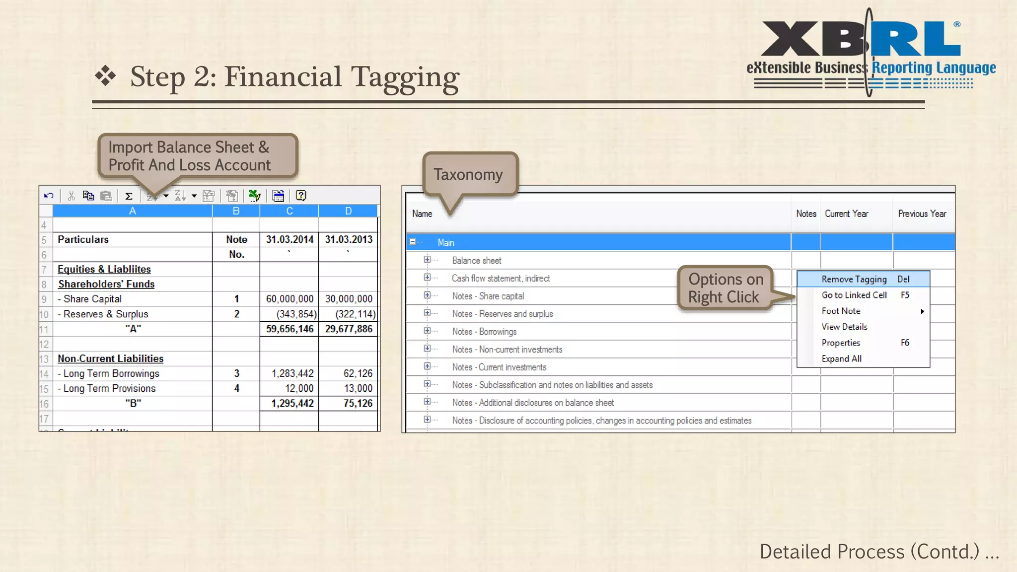 Step 2: Financial Tagging
Import Balance Sheet &
Profit And Loss Account
Taxonomy
Options on
Right Click
Detailed Process (Contd.) …
 