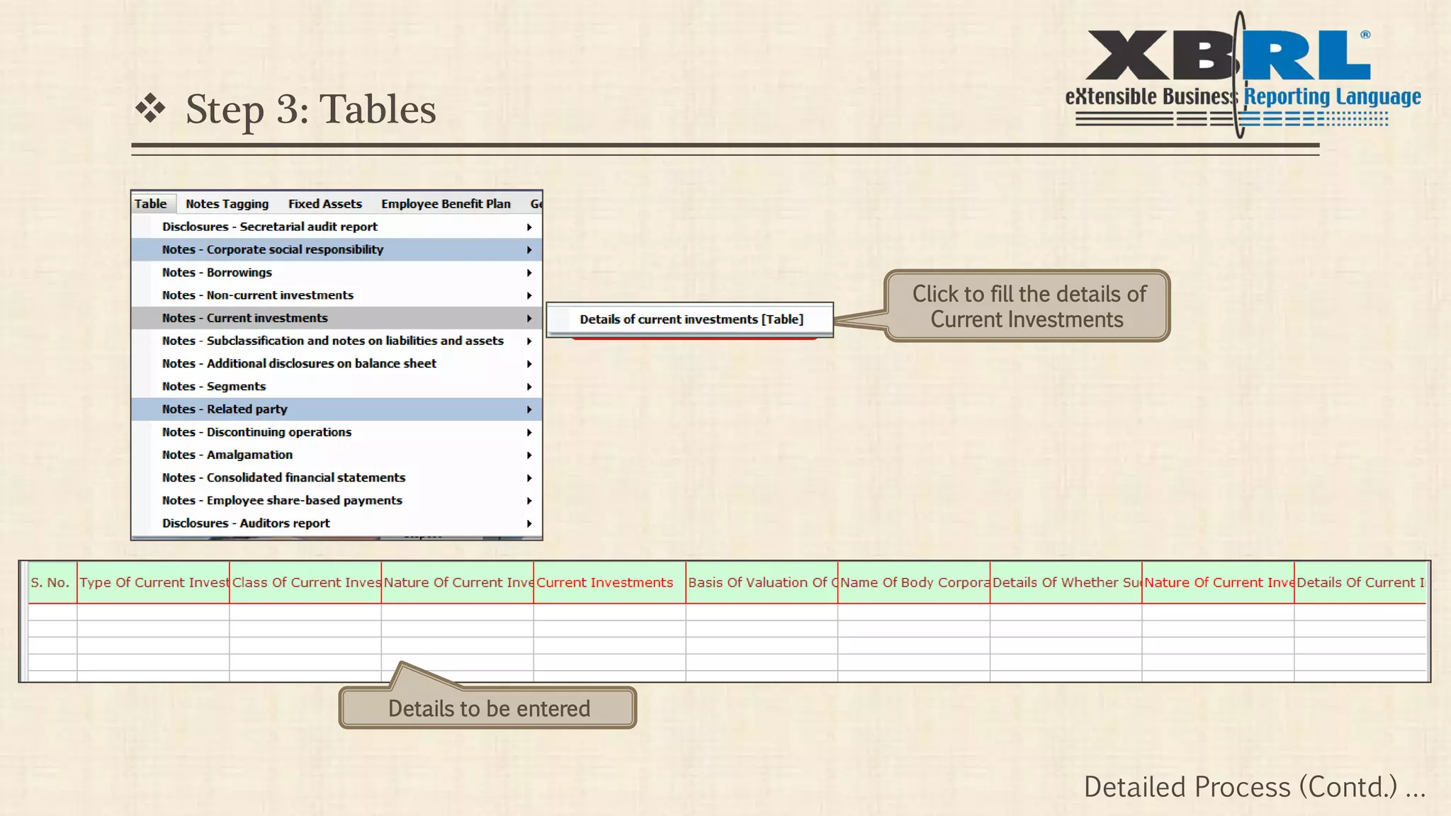  Step 3: Tables
Click to fill the details of
Current Investments
Details to be entered
Detailed Process (Contd.) …
 