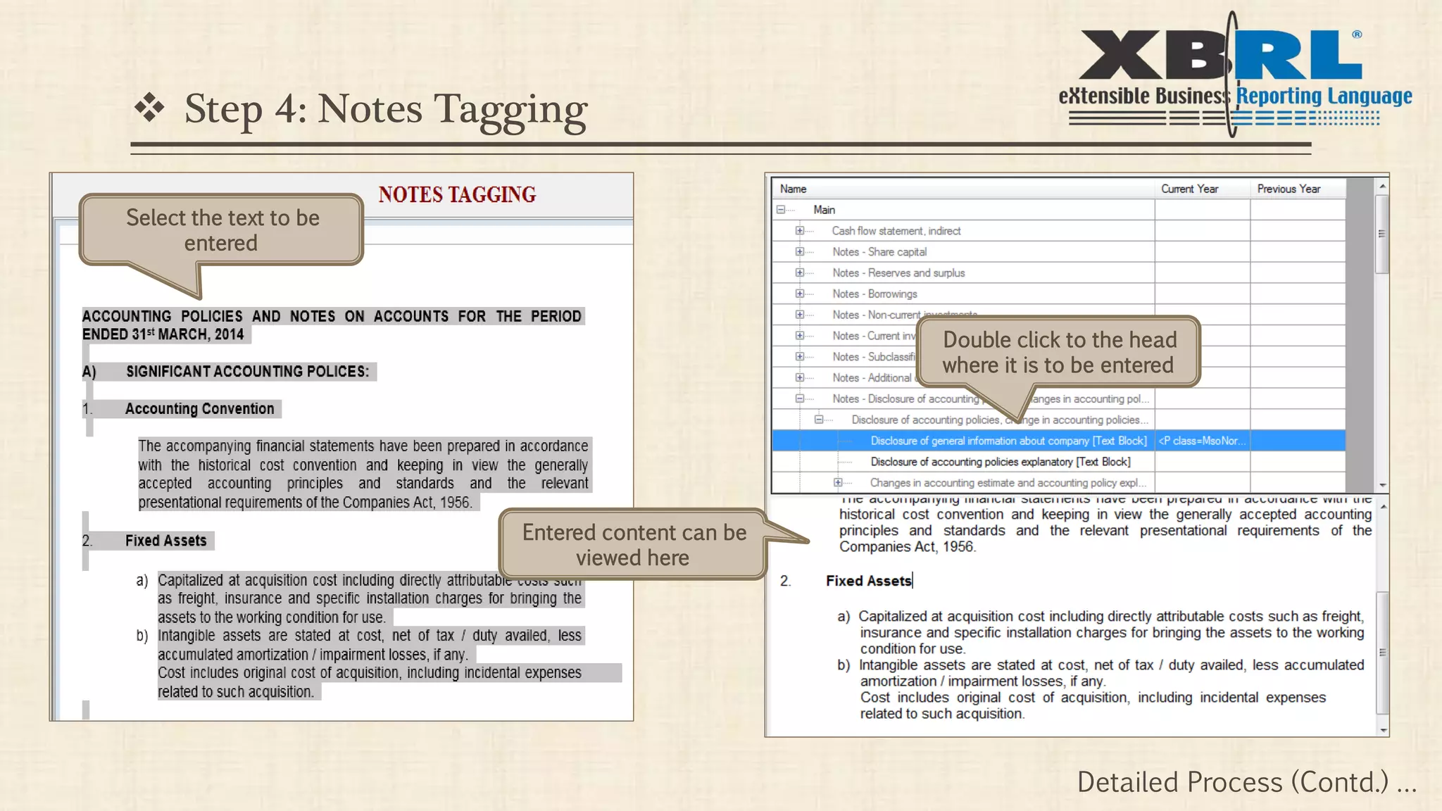  Step 4: Notes Tagging
Select the text to be
entered
Double click to the head
where it is to be entered
Entered content can be
viewed here
Detailed Process (Contd.) …
 