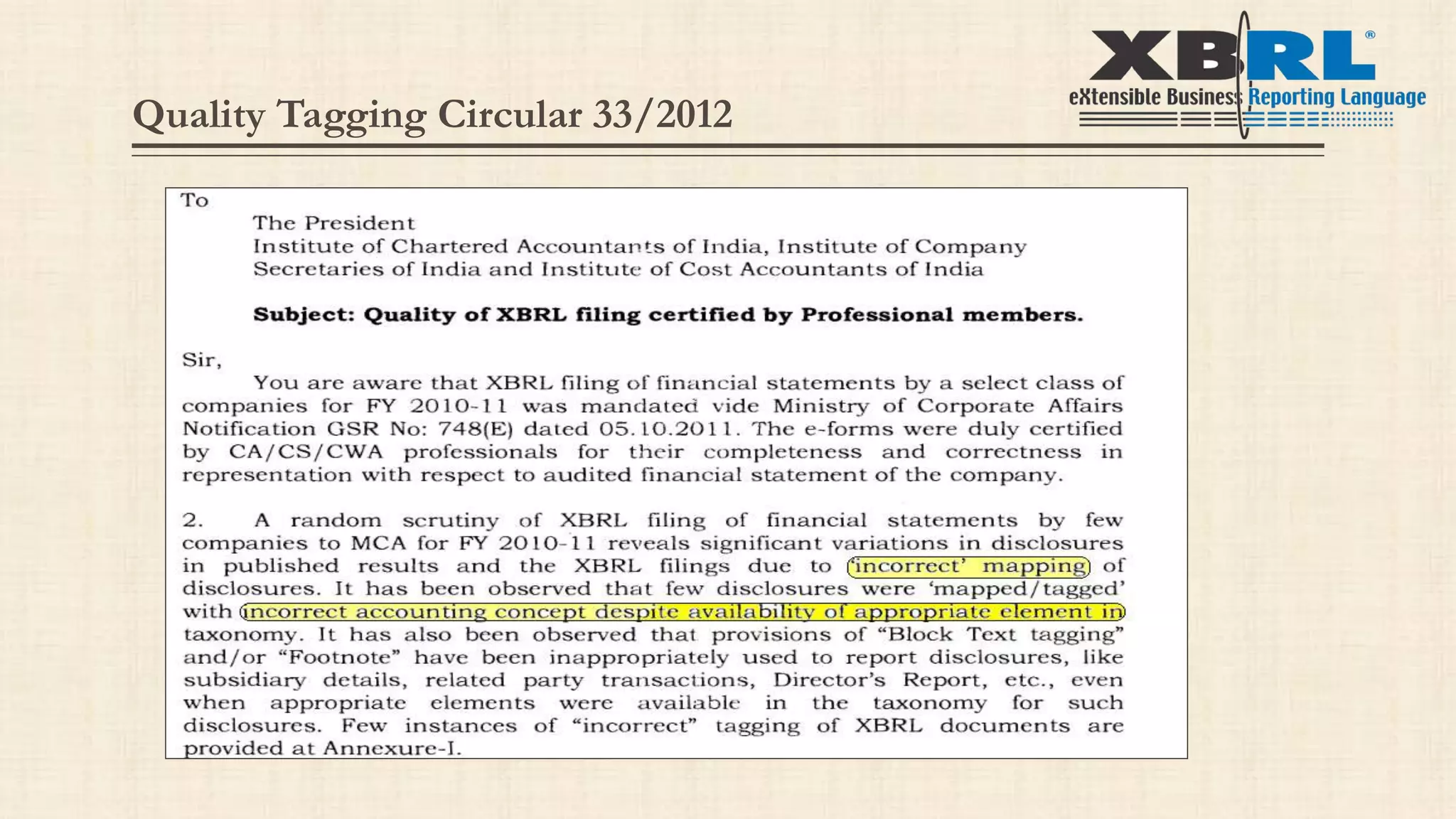 Quality Tagging Circular 33/2012
 