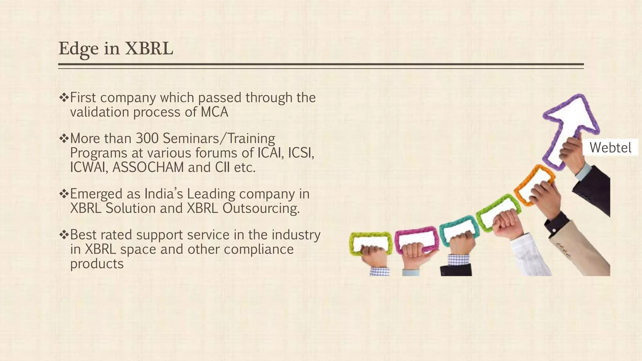 Edge in XBRL
First company which passed through the
validation process of MCA
More than 300 Seminars/Training
Programs at various forums of ICAI, ICSI,
ICWAI, ASSOCHAM and CII etc.
Emerged as India’s Leading company in
XBRL Solution and XBRL Outsourcing.
Best rated support service in the industry
in XBRL space and other compliance
products
Webtel
 