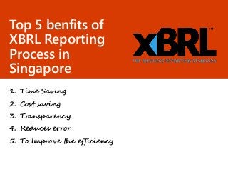 Top 5 benfits of
XBRL Reporting
Process in
Singapore
1. Time Saving
2. Cost saving
3. Transparency
4. Reduces error
5. To Improve the efficiency
 