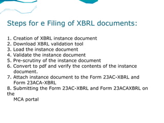 Steps for e Filing of XBRL documents:

1. Creation of XBRL instance document
2. Download XBRL validation tool
3. Load the instance document
4. Validate the instance document
5. Pre-scrutiny of the instance document
6. Convert to pdf and verify the contents of the instance
   document.
7. Attach instance document to the Form 23AC-XBRL and
   Form 23ACA-XBRL
8. Submitting the Form 23AC-XBRL and Form 23ACAXBRL on
the
   MCA portal
 