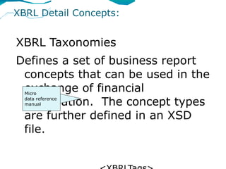 XBRL Detail Concepts:


XBRL Taxonomies
Defines a set of business report
 concepts that can be used in the
 exchange of financial
  Micro

 information. The concept types
  data reference
  manual


 are further defined in an XSD
 file.
 